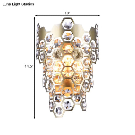Champagne Hexagon-Crystal Wall Sconce With 3 Tapered Bulbs - Contemporary Flush Mount Light