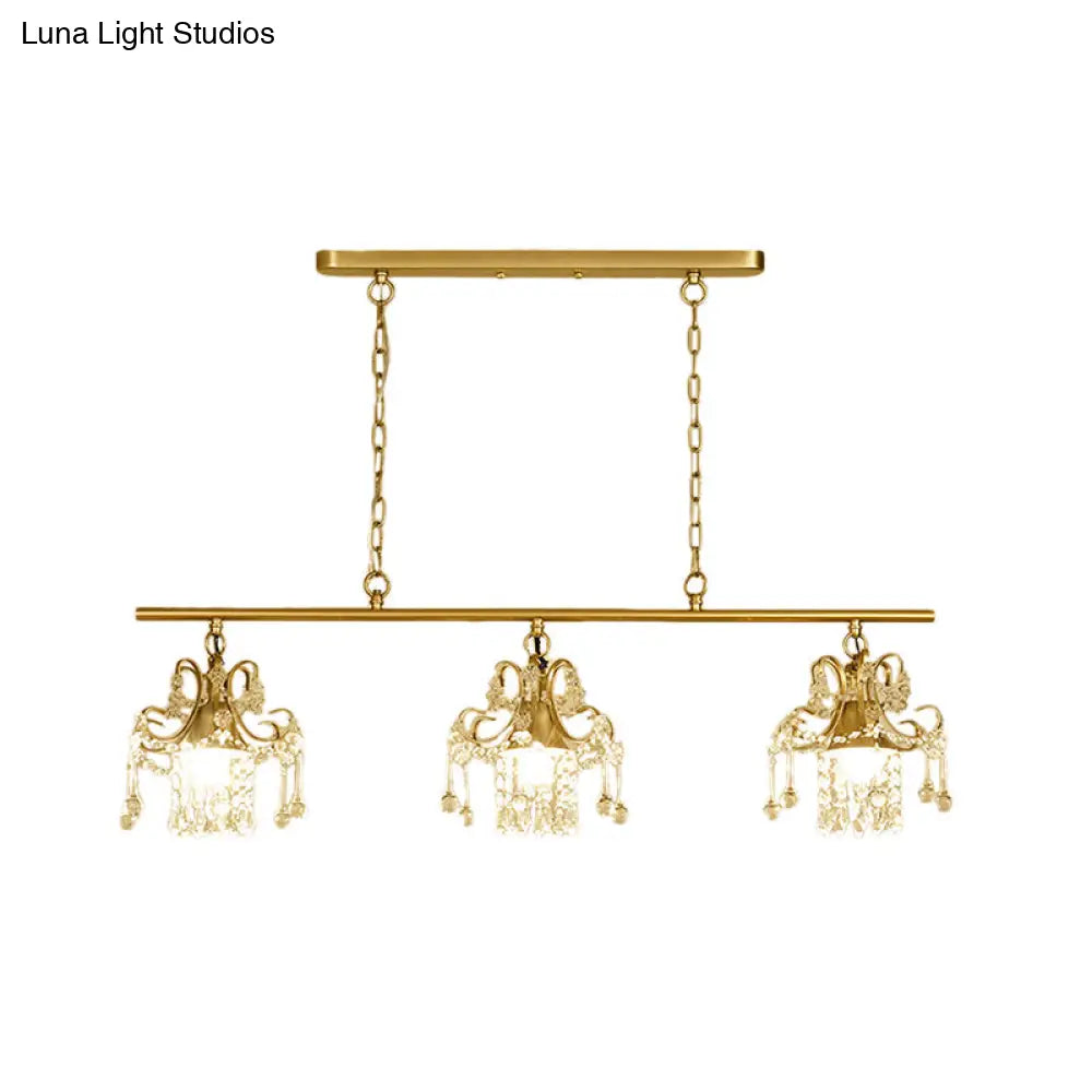 Champagne Vintage-Style Crystal & Metal Pendant Light: 3-Light Island Lighting For Living Room