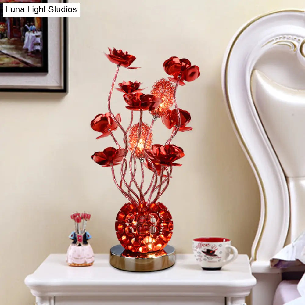 Red Aluminum Led Night Lamp With Global Design & Rose Decor - Curvy Stick Desk Light