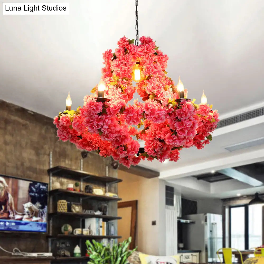 7-Light Cherry Blossom Chandelier In Antique Pink Metal - Led Pendant Light For Restaurants