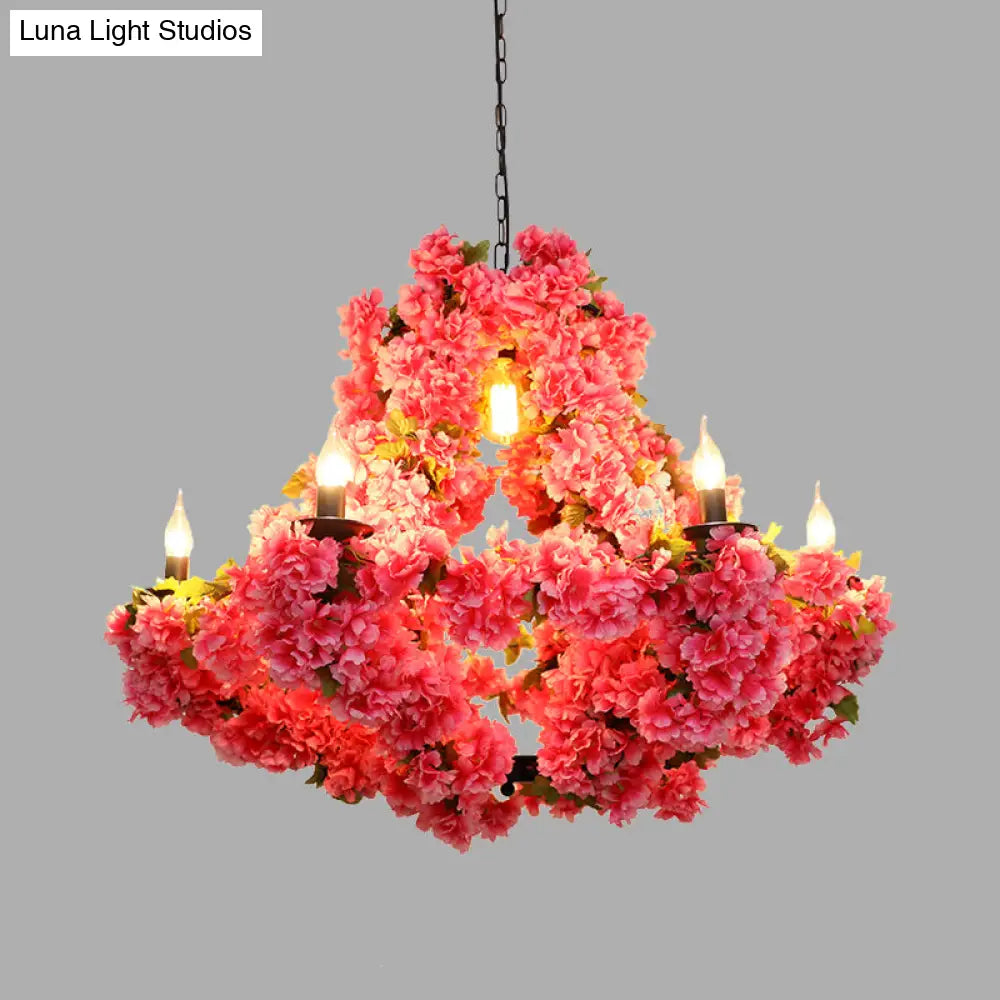 Cherry Blossom Chandelier: Antique Pink Metal Pendant Light With 7 Led Lights For Restaurants