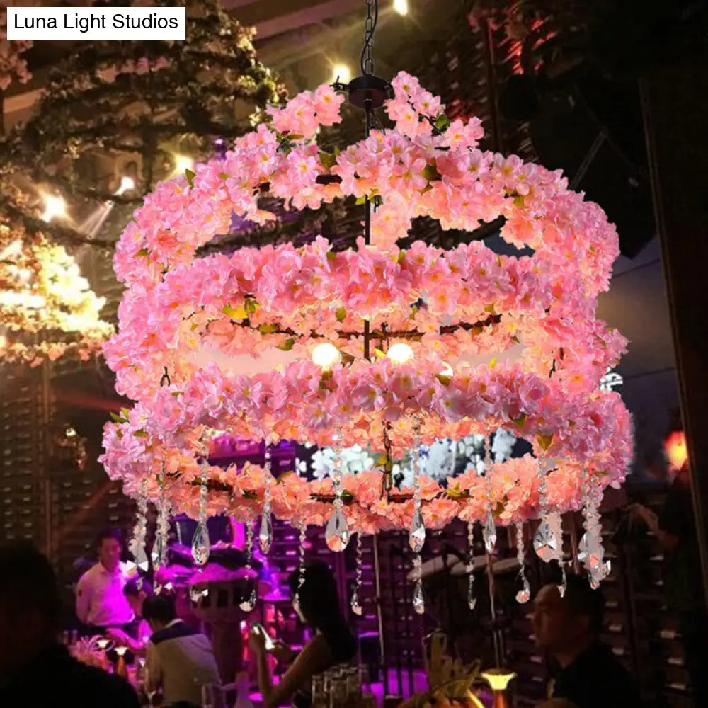 Loft Style Pink Metallic Hanging Ceiling Light With Crystal Deco - 6-Bulb Cherry Wreath Chandelier