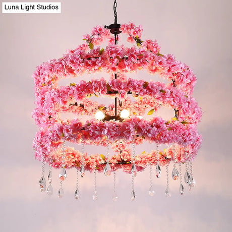Cherry Wreath Chandelier - 6-Bulb Loft Style Pink Metallic Ceiling Light With Crystal Deco