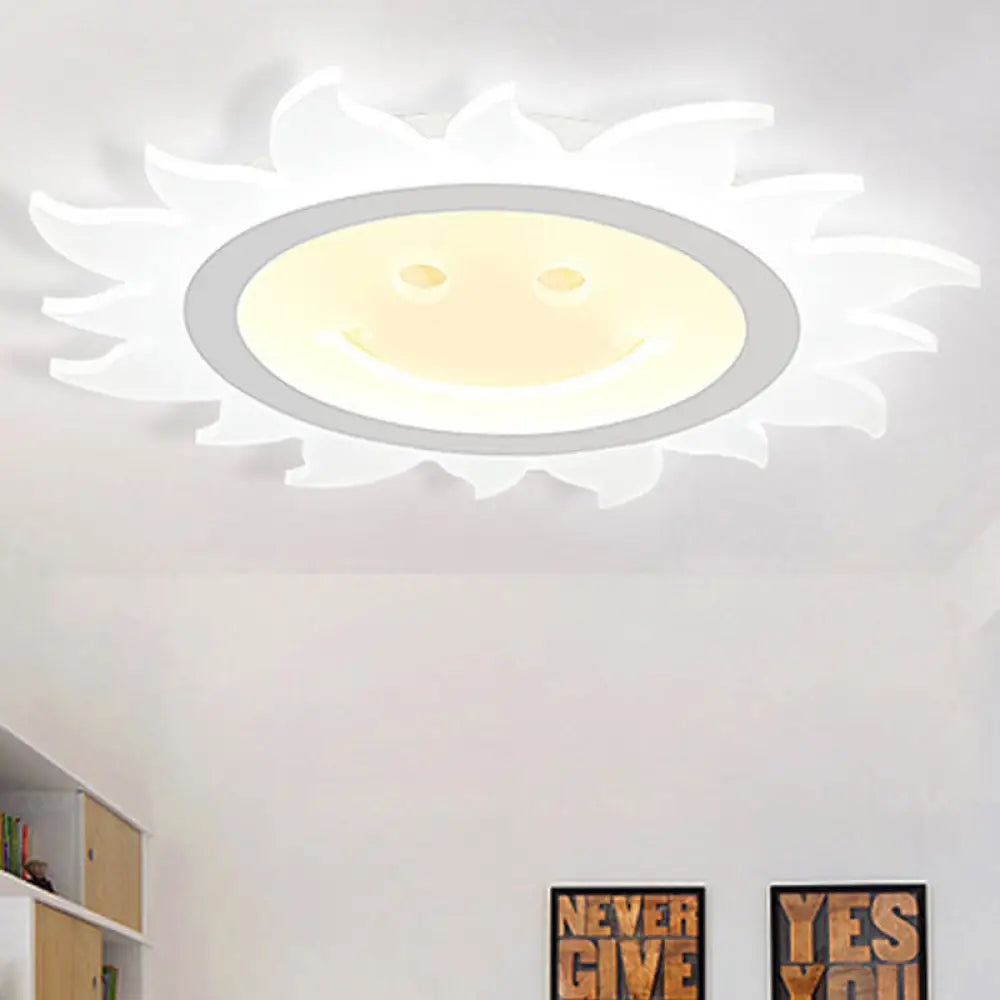 Child Bedroom Led Flush Ceiling Light: Lovely White Smiling Sun Acrylic Lamp / 16.5’ Warm