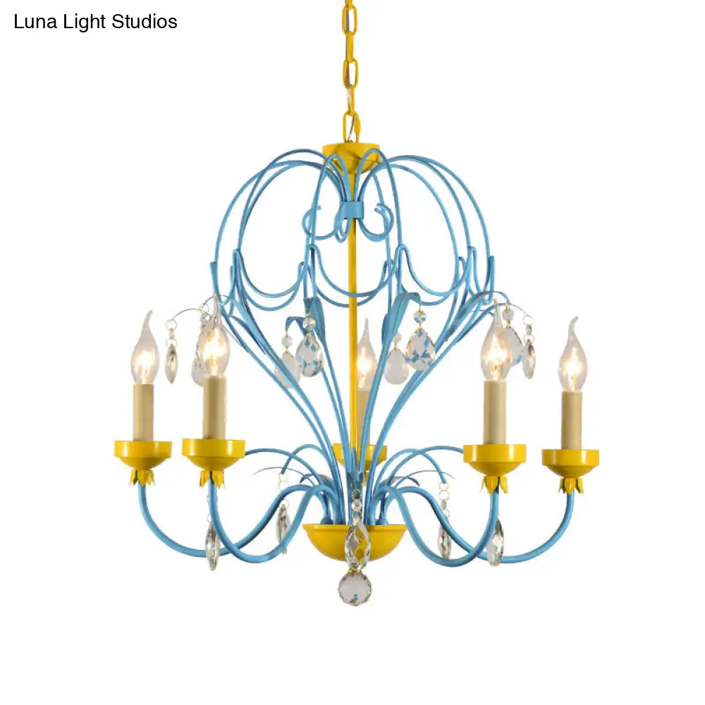 Macaron Candle Chandelier Lamp Hanging Light Metallic 5 Lights Crystal Drop Yellow & Blue