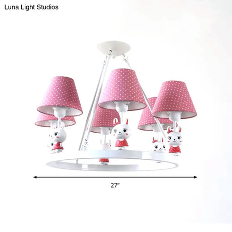 Childrens Pink Bunny Chandelier: Metal 3-Headed Hanging Light With Dot Shade For Girls Bedroom