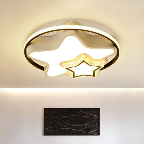 Children’s Square/Star/Heart Led Flush Mount Ceiling Light In Black - White With Crystal Accents