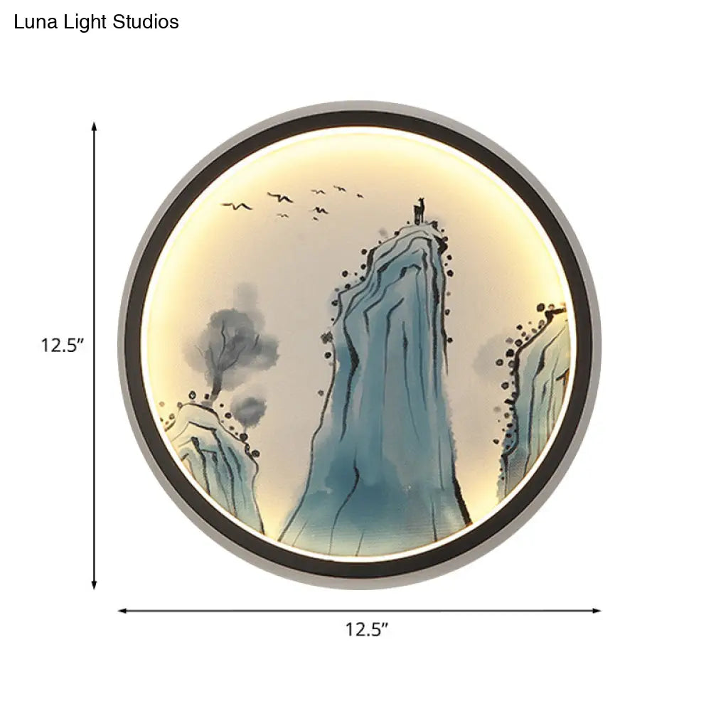 Chinese Aluminum Led Mural Lamp - Blue Mount Tai Drawing Circular Sconce Fixture