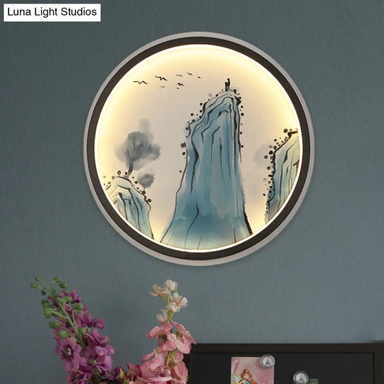 Chinese Aluminum Led Mural Lamp - Blue Mount Tai Drawing Circular Sconce Fixture