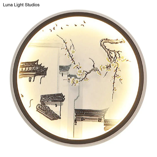Chinese Ancient Town Metal Mural Light In Black - Led Flush Mount Wall Sconce For Living Room