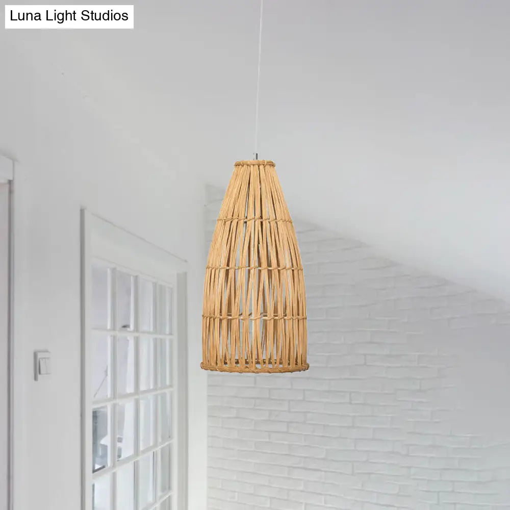 Chinese Bamboo Basket Hanging Pendant Light - Khaki Ceiling Lamp For Dining Room With 1 Bulb