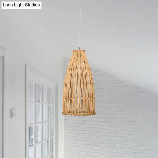 Chinese Bamboo Basket Hanging Pendant Light - Khaki Ceiling Lamp For Dining Room With 1 Bulb