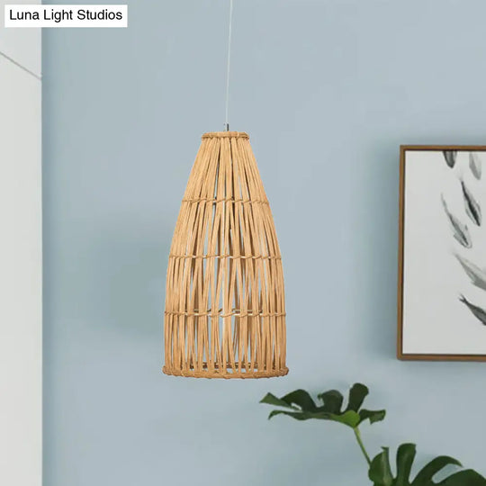 Chinese Bamboo Basket Hanging Pendant Light - Khaki Ceiling Lamp For Dining Room With 1 Bulb