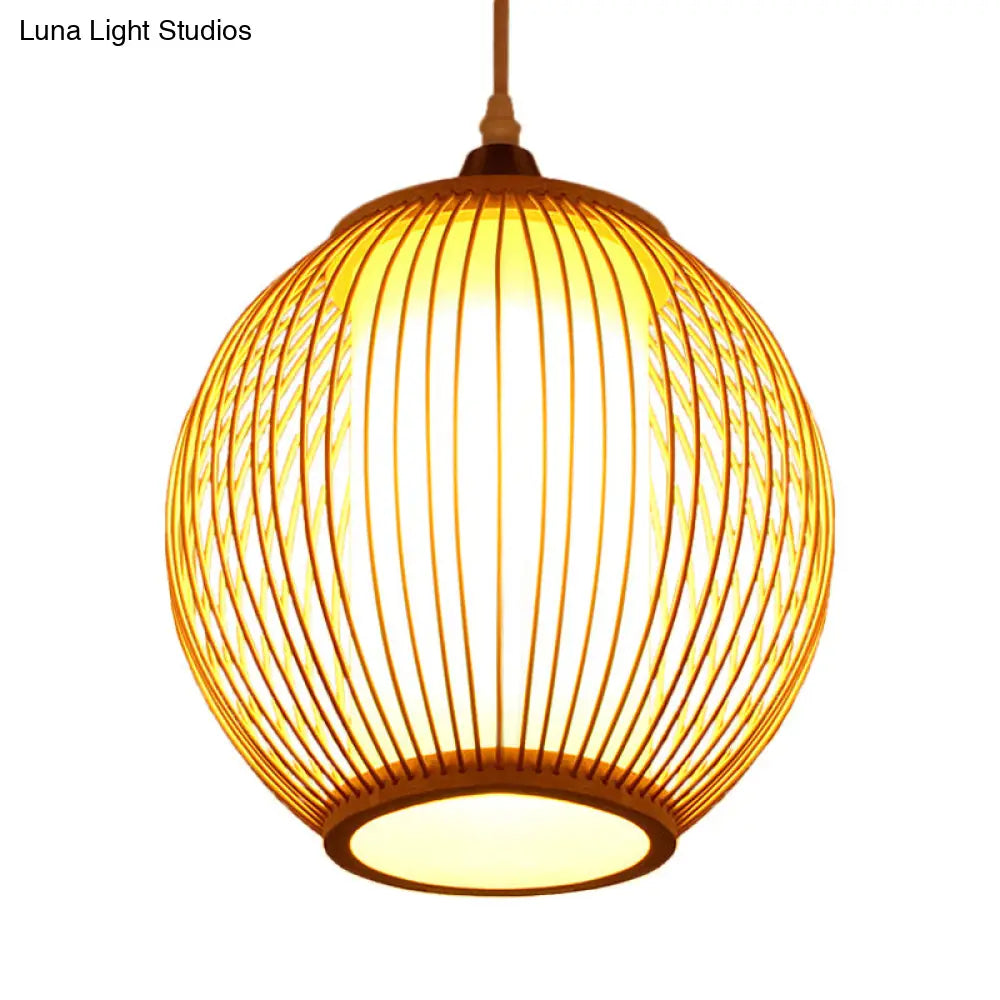 Chinese Bamboo Lantern Pendant Light With Beige Shade For Ceiling