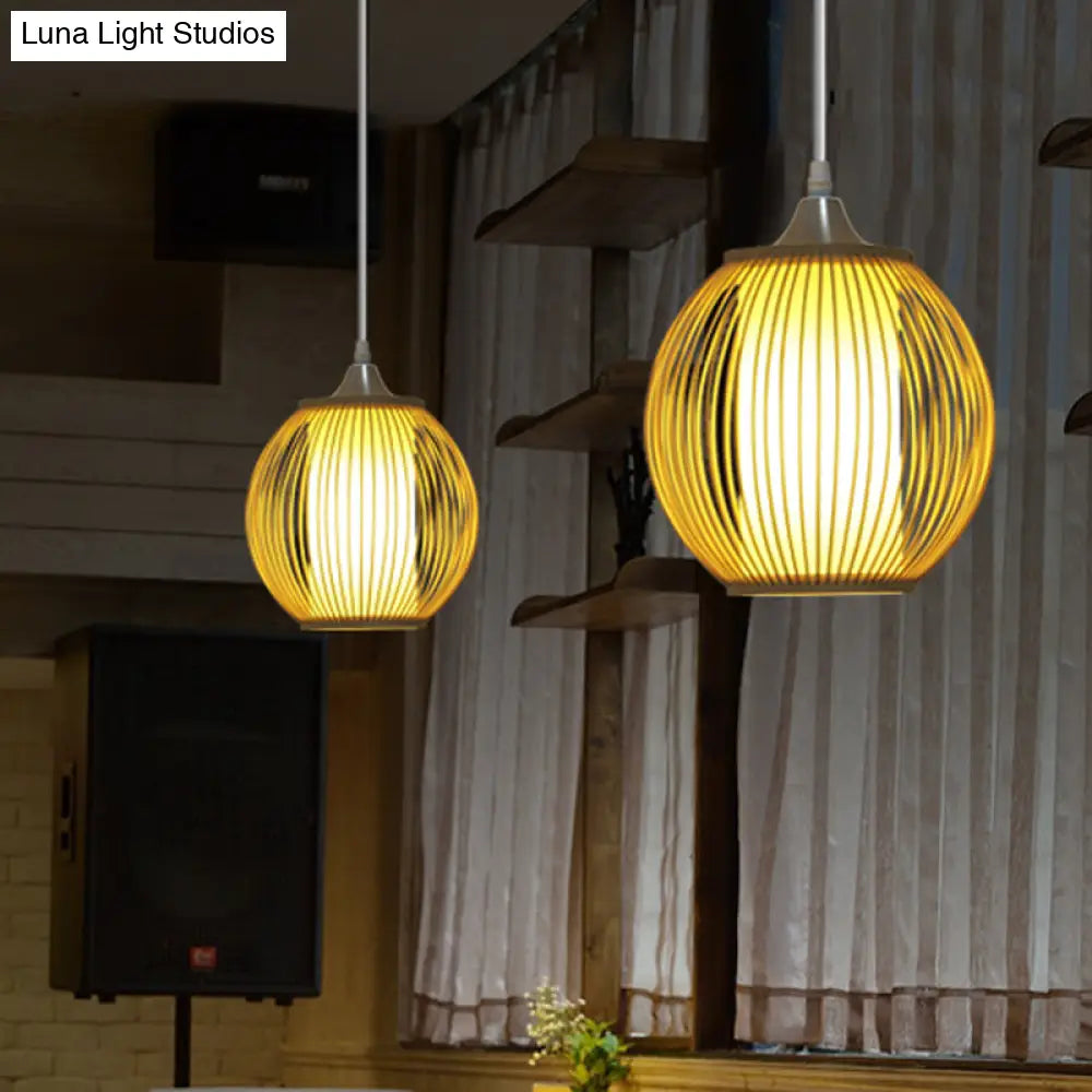 Chinese Bamboo Lantern Pendant Light With Beige Shade For Ceiling