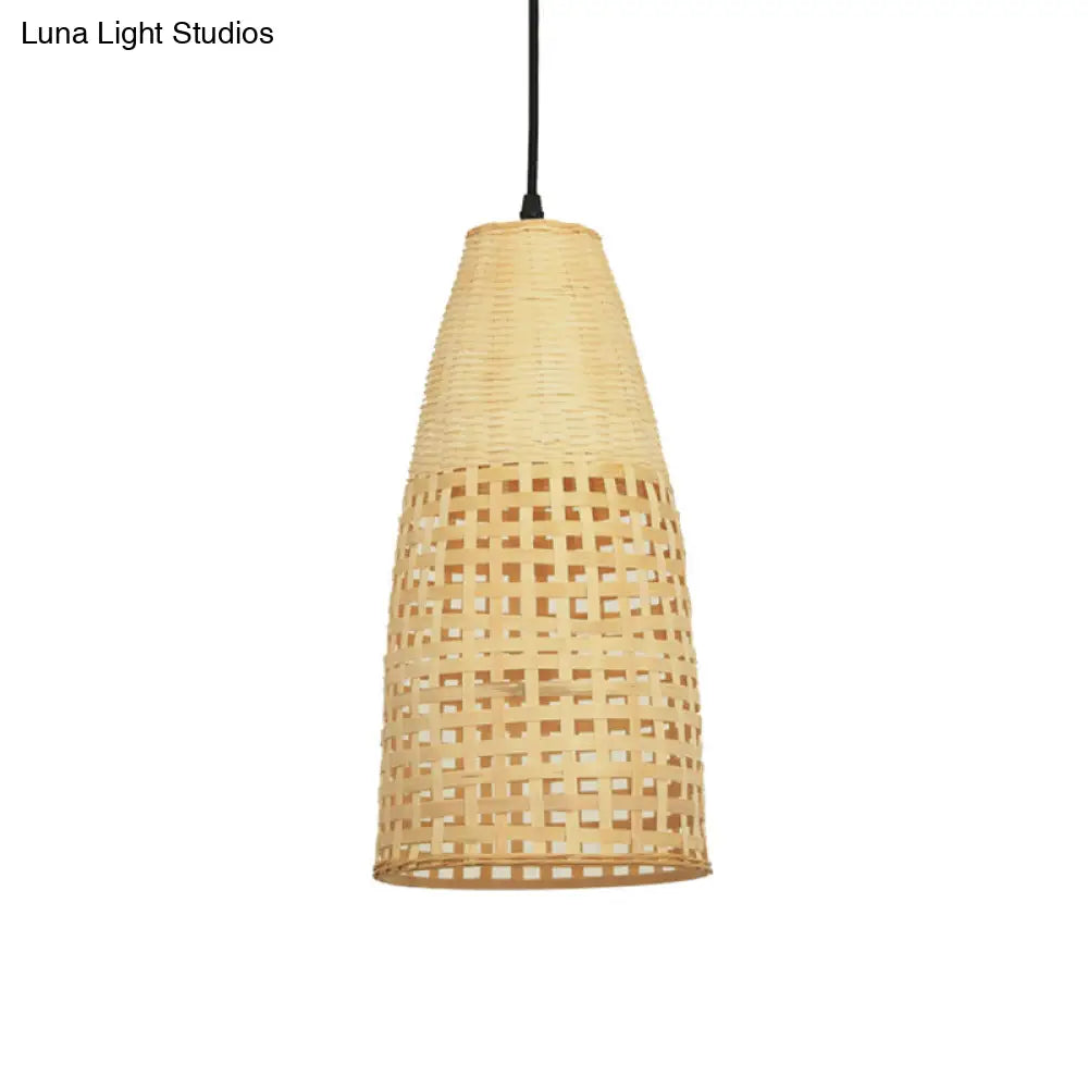 Chinese Bamboo Shade Pendant Light - Beige 1-Bulb Elongated Drop Restaurant Style