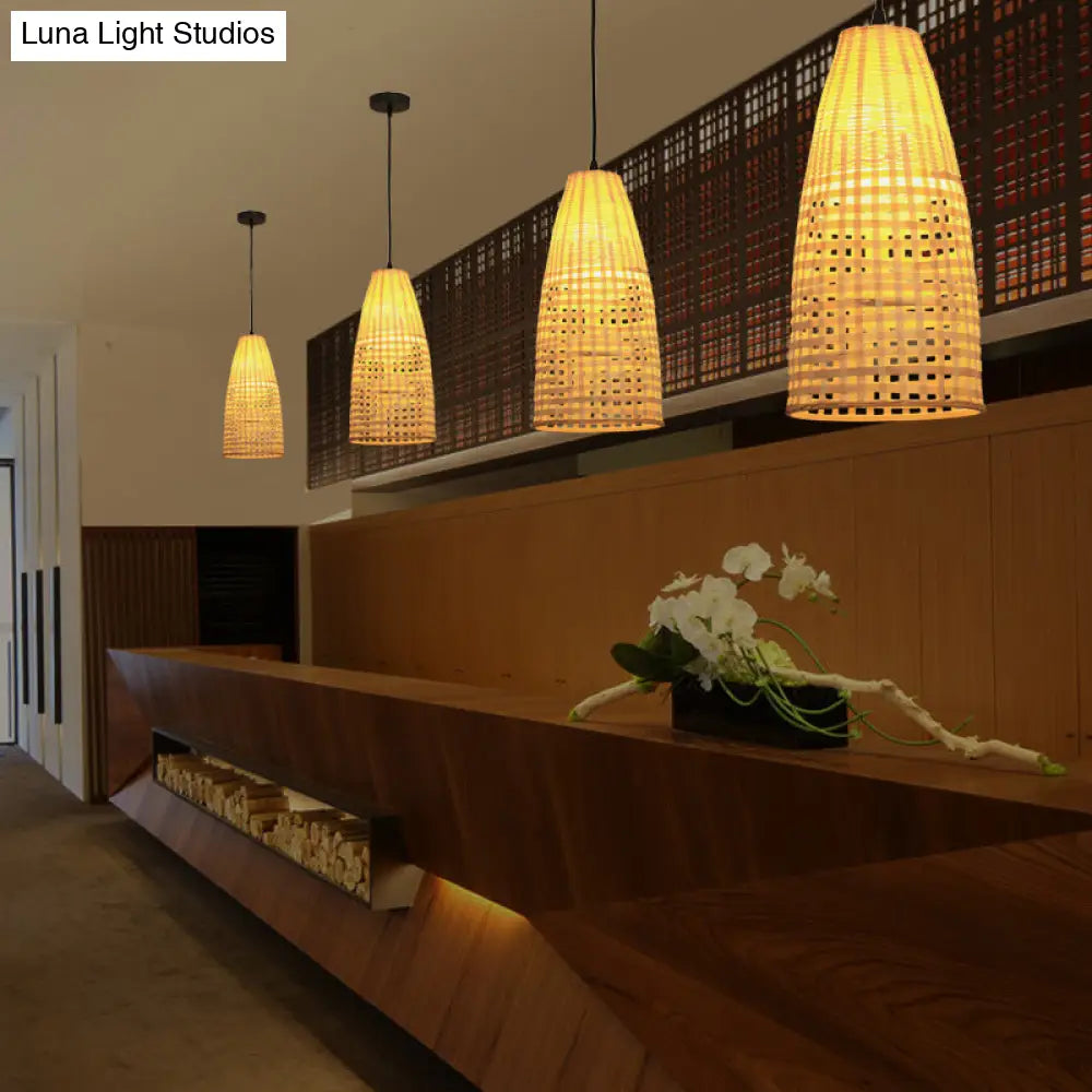 Chinese Bamboo Shade Pendant Light - Beige 1-Bulb Elongated Drop Restaurant Style