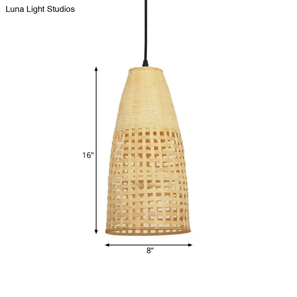 Chinese Bamboo Shade Pendant Light - Beige 1-Bulb Elongated Drop Restaurant Style