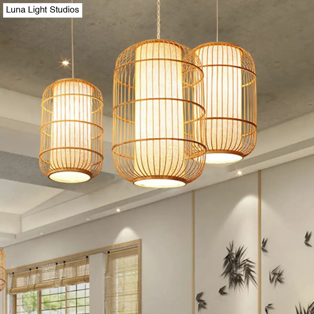 Chinese Bamboo Wood Pendant Lamp - Oval Hanging Ceiling Lantern With Shade Inside / Medium