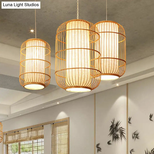 Chinese Bamboo Wood Pendant Lamp - Oval Hanging Ceiling Lantern With Shade Inside / Medium