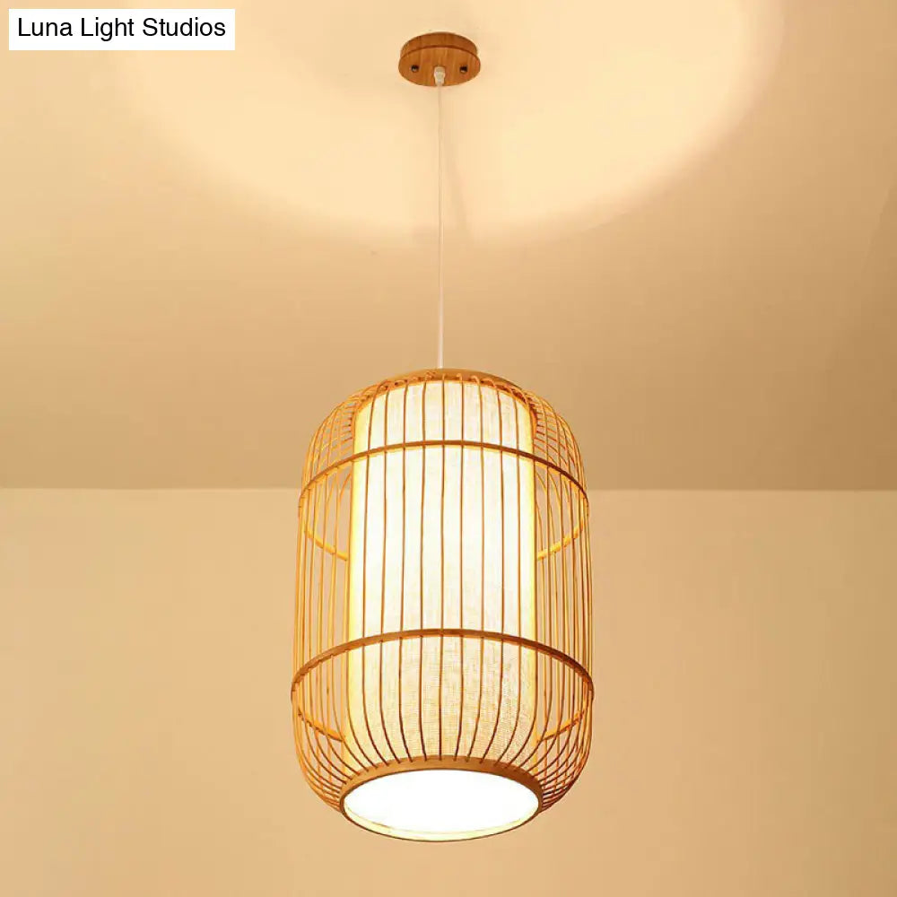Chinese Bamboo Wood Pendant Lamp - Oval Hanging Ceiling Lantern With Shade Inside / Small
