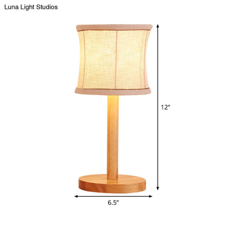 Chinese Beige Night Table Lamp With Barrel Fabric Shade - 1 Bulb Bedroom Task Light