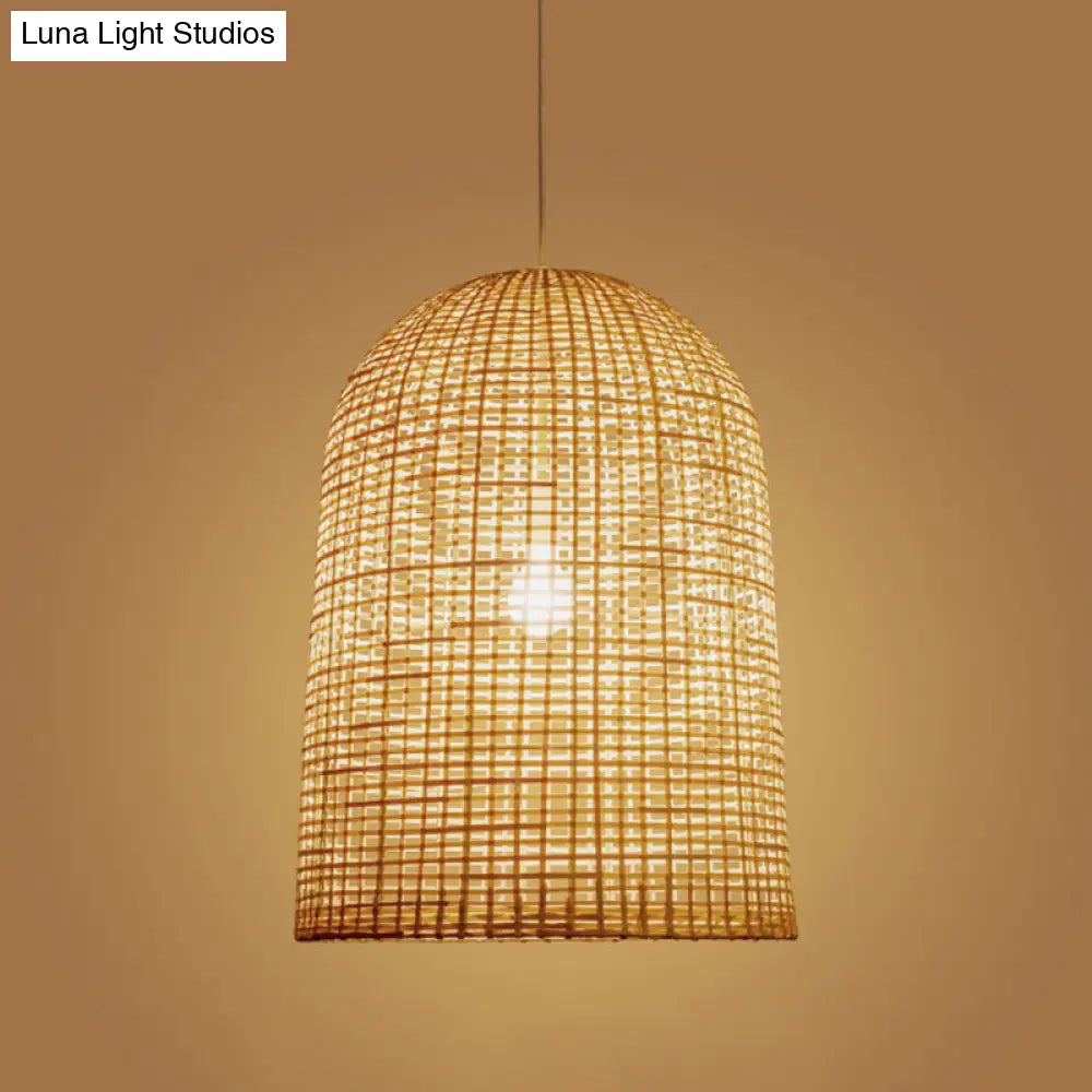 Chinese Beige Pendant Lighting With Bamboo Shade - 1-Light Restaurant Ceiling