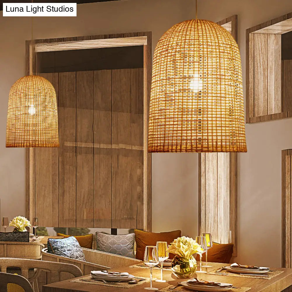 Chinese Beige Pendant Lighting With Bamboo Shade - 1-Light Restaurant Ceiling