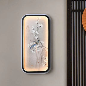 Chinese Bird And Flower Fabric Mural Lamp: Led Wall Mounted Lighting Black & White Black-White