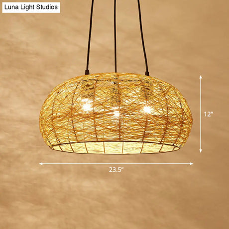 Chinese Dome Rattan Chandelier With 3 Pendant Lights For Restaurants