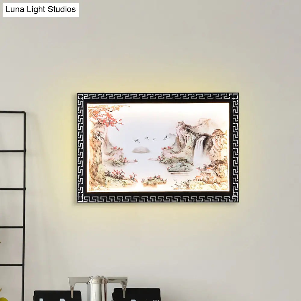 Chinese Fabric Led Wall Sconce: Paradise/Misty Mountain Black Mural Lighting For Home Décor