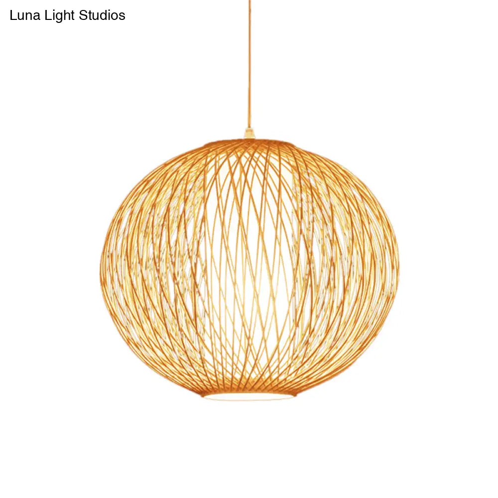 Chinese-Inspired Beige Globe Pendant Lamp With Bamboo Hanging Light Kit - Inner White Cylinder Shade