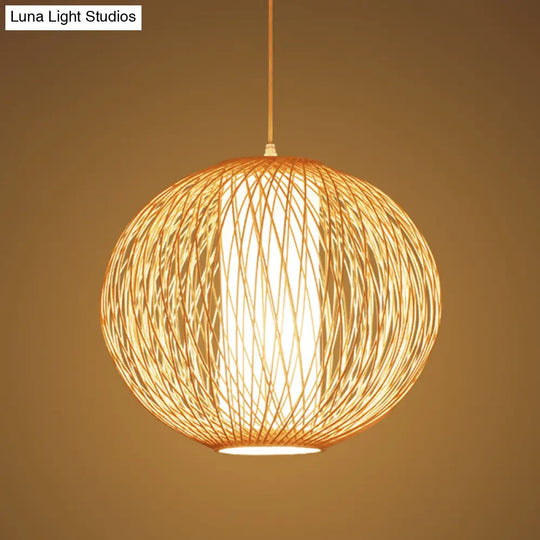 Chinese-Inspired Beige Globe Pendant Lamp With Bamboo Hanging Light Kit - Inner White Cylinder Shade