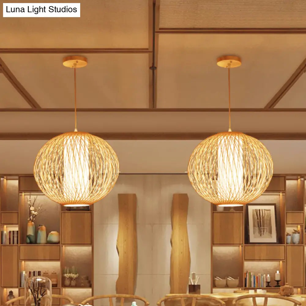 Chinese-Inspired Beige Globe Pendant Lamp With Bamboo Hanging Light Kit - Inner White Cylinder Shade