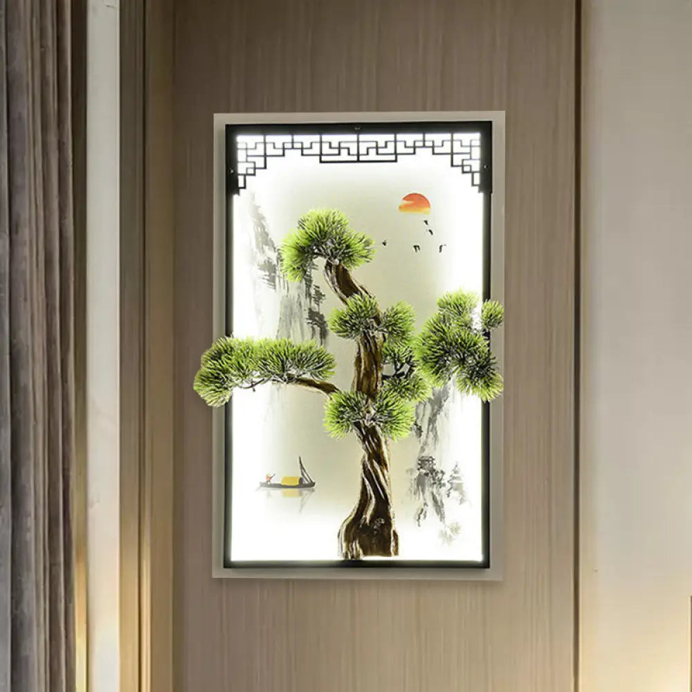 Chinese Landscape Pine Tree Iron Mural Sconce Light With Led Flush Mount - Green Decor / B