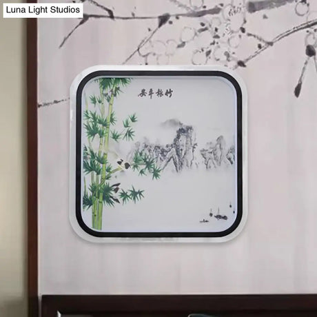 Chinese Led Flush Mount Wall Light With Black Leaf/Flower Painting And Fabric Shade