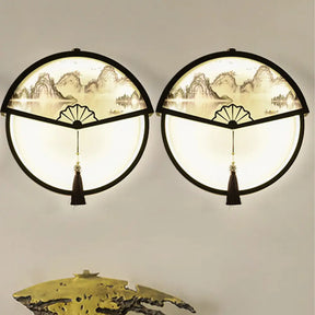 Chinese Metal Black Fan-Shaped Led Wall Lamp With Mountain Scene Mural Light And Tassel Knot Accent