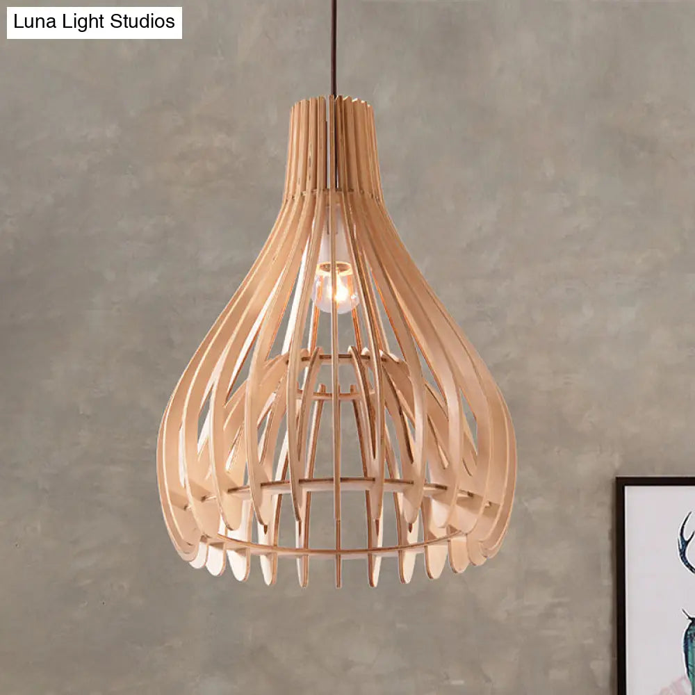 Chinese Pear Pendant Ceiling Light In Beige Wood Finish