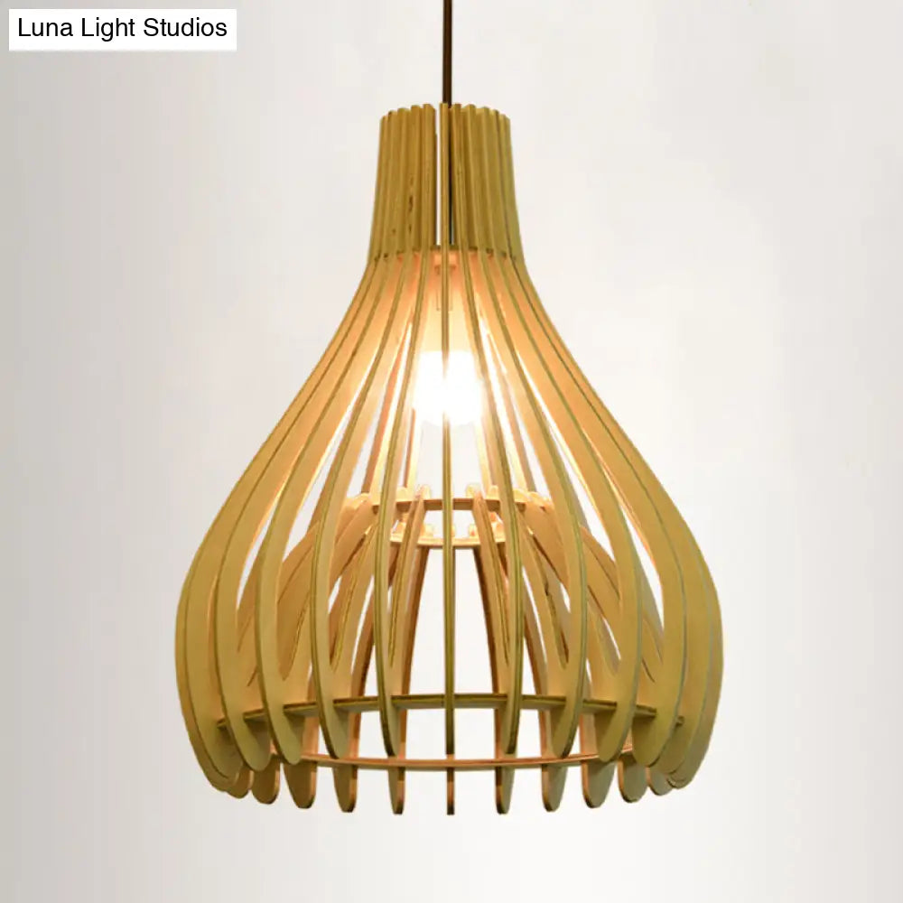Chinese Pear Pendant Ceiling Light In Beige Wood Finish