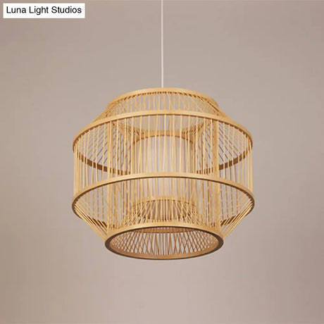 Chinese Style Bamboo Lantern Pendant: Beige Round Hanging Light For Dining Table - 1 Bulb