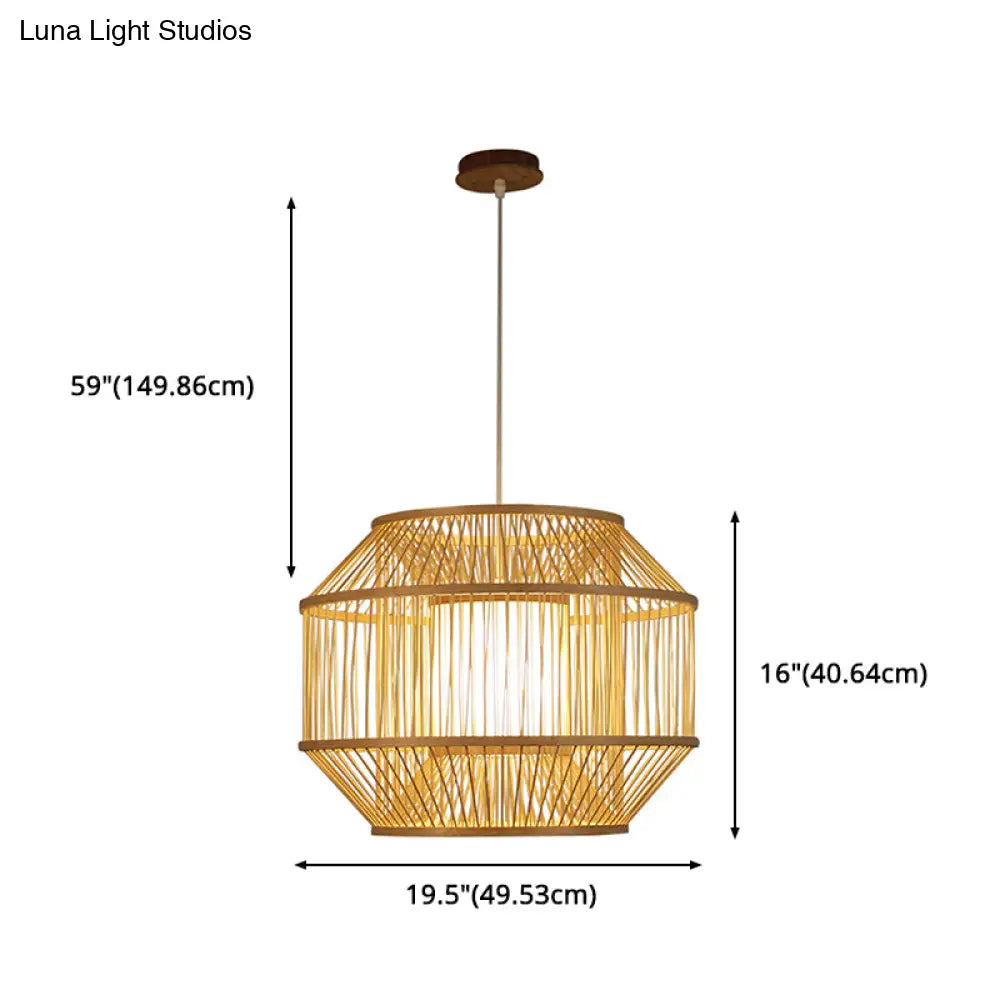 Chinese Style Bamboo Lantern Pendant: Beige Round Hanging Light For Dining Table - 1 Bulb