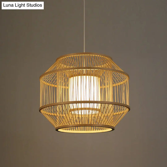 Chinese Style Bamboo Lantern Pendant: Beige Round Hanging Light For Dining Table - 1 Bulb