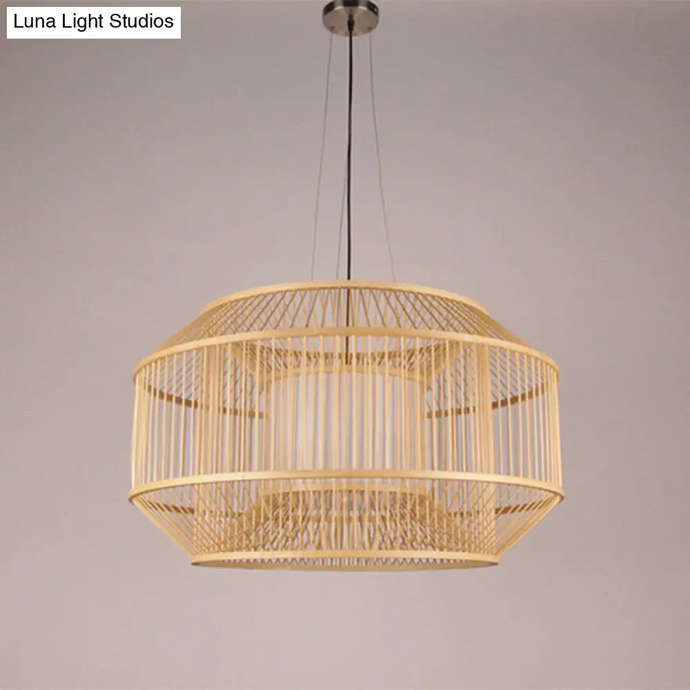 Chinese Style Bamboo Lantern Pendant: Beige Round Hanging Light For Dining Table - 1 Bulb