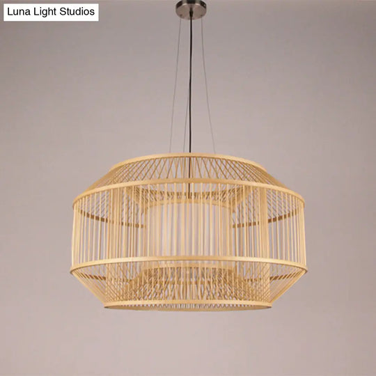Chinese Style Bamboo Lantern Pendant: Beige Round Hanging Light For Dining Table - 1 Bulb