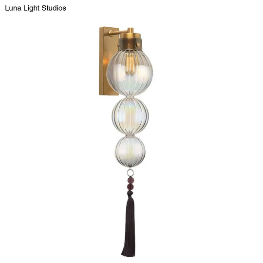 Chinese Style Brass/Chrome Sphere Sconce Light - Clear/Amber/Light Blue Glass Wall Mount Lamp With