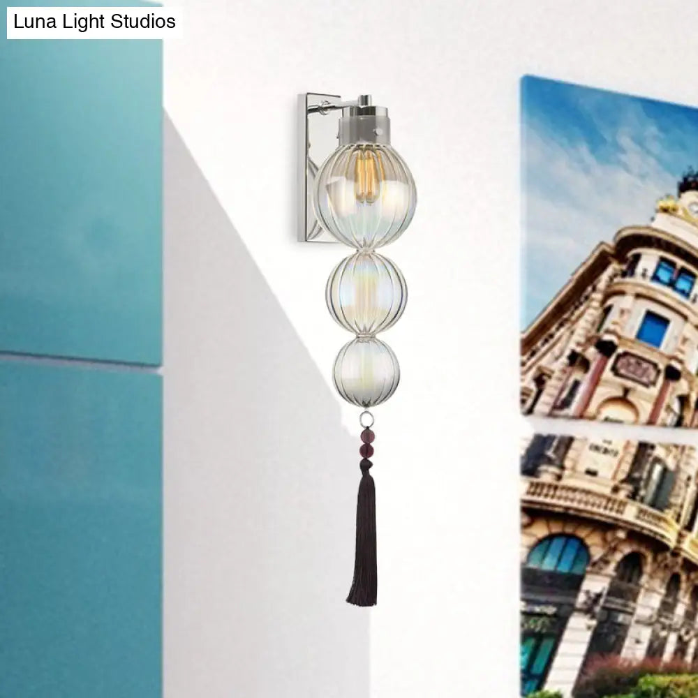 Chinese Style Brass/Chrome Sphere Sconce Light - Clear/Amber/Light Blue Glass Wall Mount Lamp With