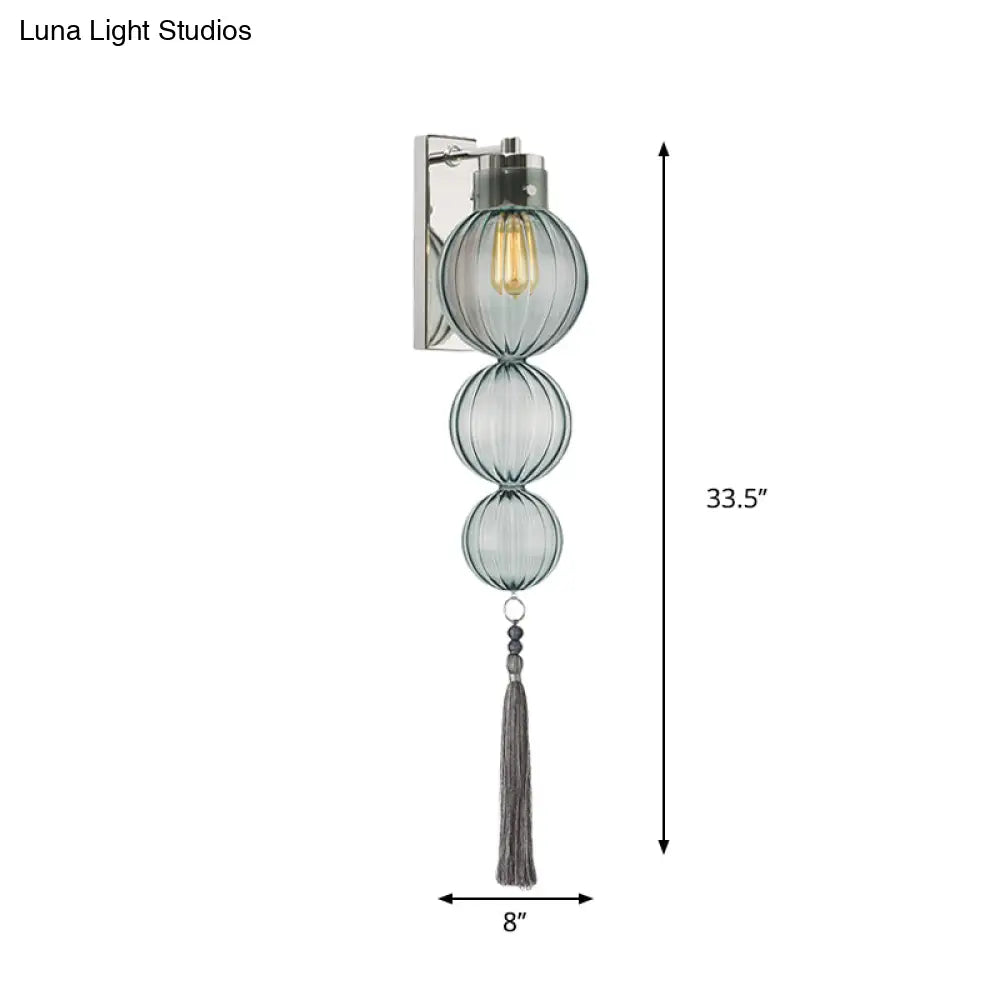 Chinese Style Brass/Chrome Sphere Sconce Light - Clear/Amber/Light Blue Glass Wall Mount Lamp With