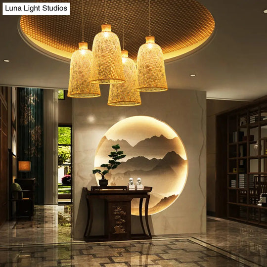 Chinese Style Handmade Bamboo Ceiling Light - Single Pendant For Restaurant Wood Finish