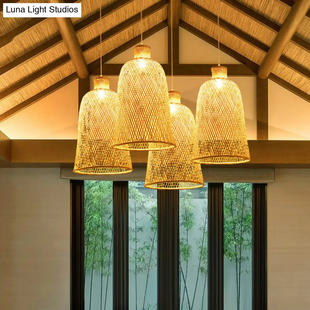 Chinese Style Handmade Bamboo Ceiling Light - Single Pendant For Restaurant Wood Finish