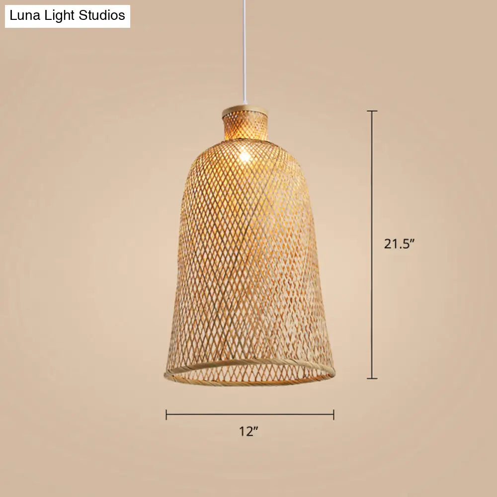 Chinese Style Handmade Bamboo Ceiling Light - Single Pendant For Restaurant Wood Finish